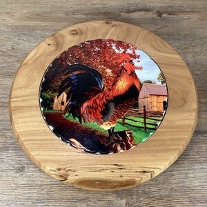 Wood & Ceramic 12” Rooster Lazy Susan